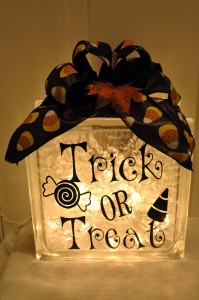 Trick or treat glass block with vinyl lettering--background lights off Glass block with vinyl lettering art craft-trick or treat