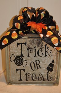 Glass block craft with vinyl lettering art--lights off Glass block craft with vinyl lettering art